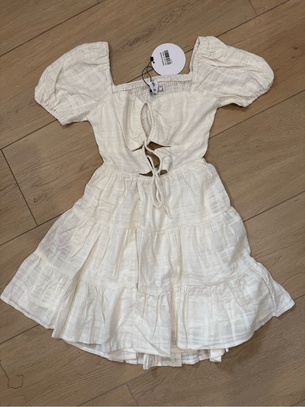 Princess Polly Cream Tiered Mini Dress with Puff Sleeves & Tie Front